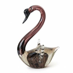 Vintage Murano Style Glass Swan Italian Art Amethyst & Gold Aventurine 8.5" Tall